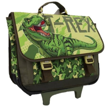 Cartable à roulettes vert avec un motif de dinosaure T-Rex rugissant sur le rabat.