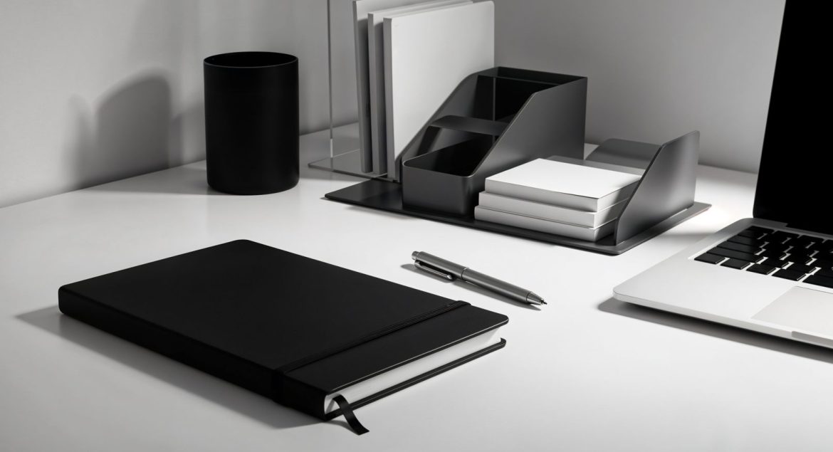 Un agenda publicitaire noir élégant avec une bande élastique et un ruban marque-page est posé fermé sur un bureau blanc. À l'arrière-plan, un organiseur de bureau noir contient des blocs-notes blancs et des chemises, à côté d'un porte-crayon et d'un ordinateur portable ouvert.